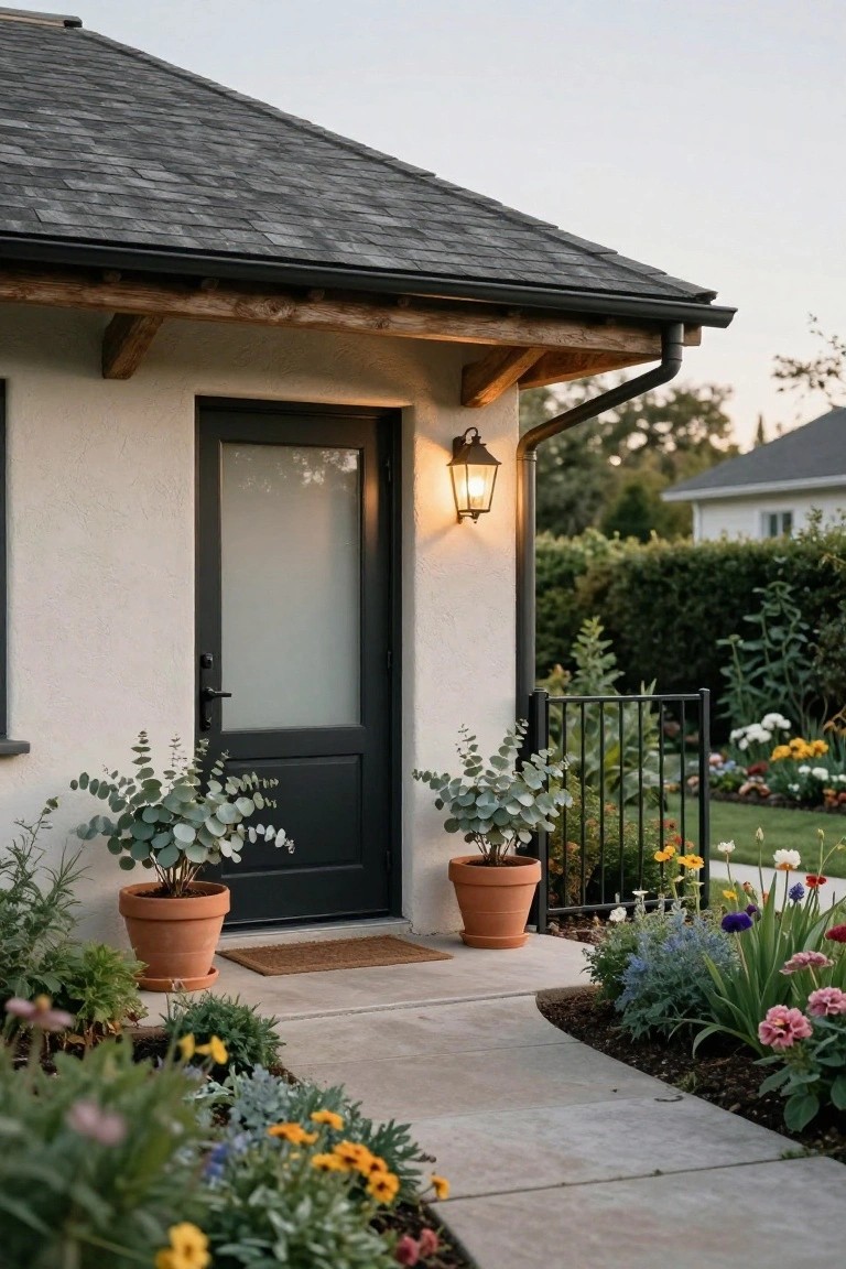 Beige stucco house exterior with black front door featuring frosted glass panel and sidelight, exposed wooden beam overhang, wall-mounted lantern light, two large terracotta pots with eucalyptus flanking the door, concrete pathway, black metal gate, and colorful flower beds with greenery.