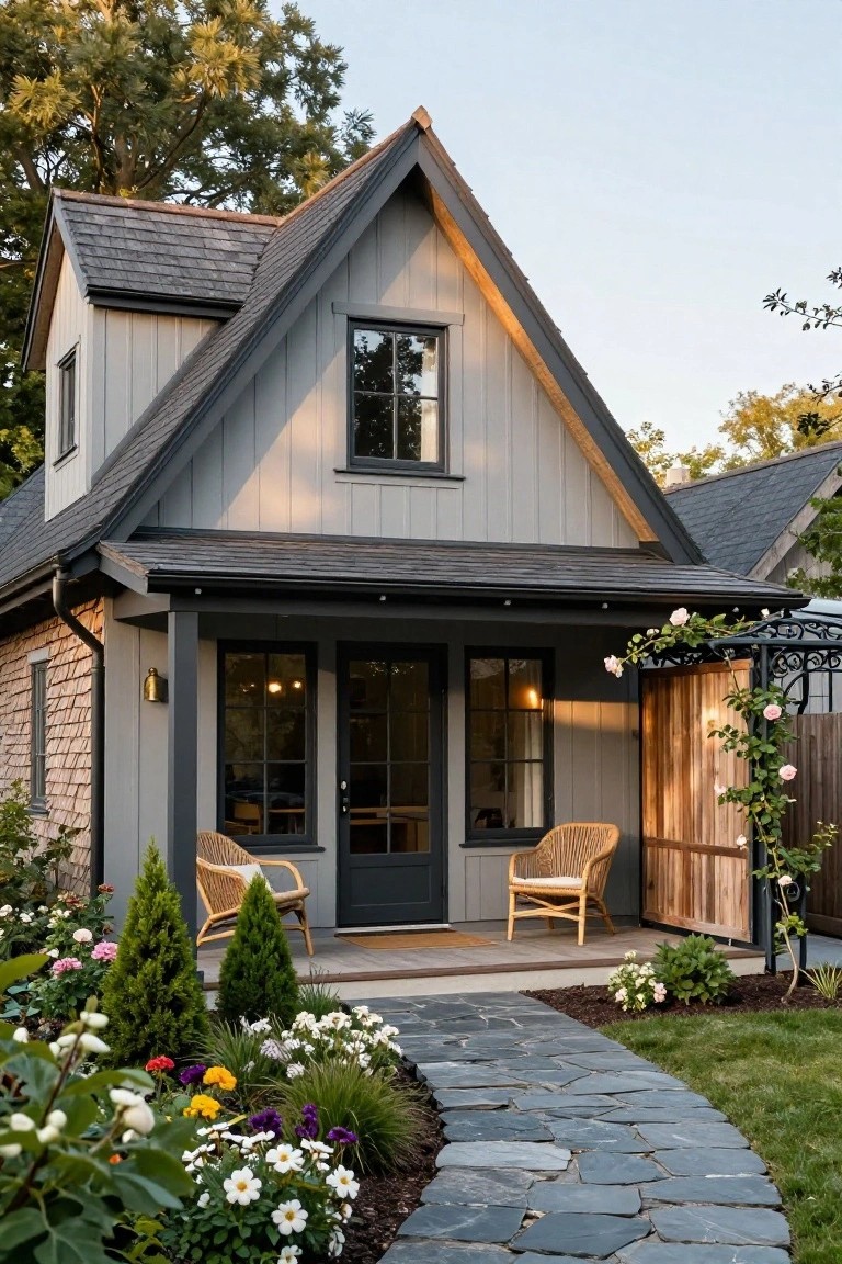Small gabled cottage exterior with light gray board-and-batten siding, cedar shingle lower walls, dark trim and roof, covered front porch with rattan chairs, flagstone walkway, and colorful flower garden.