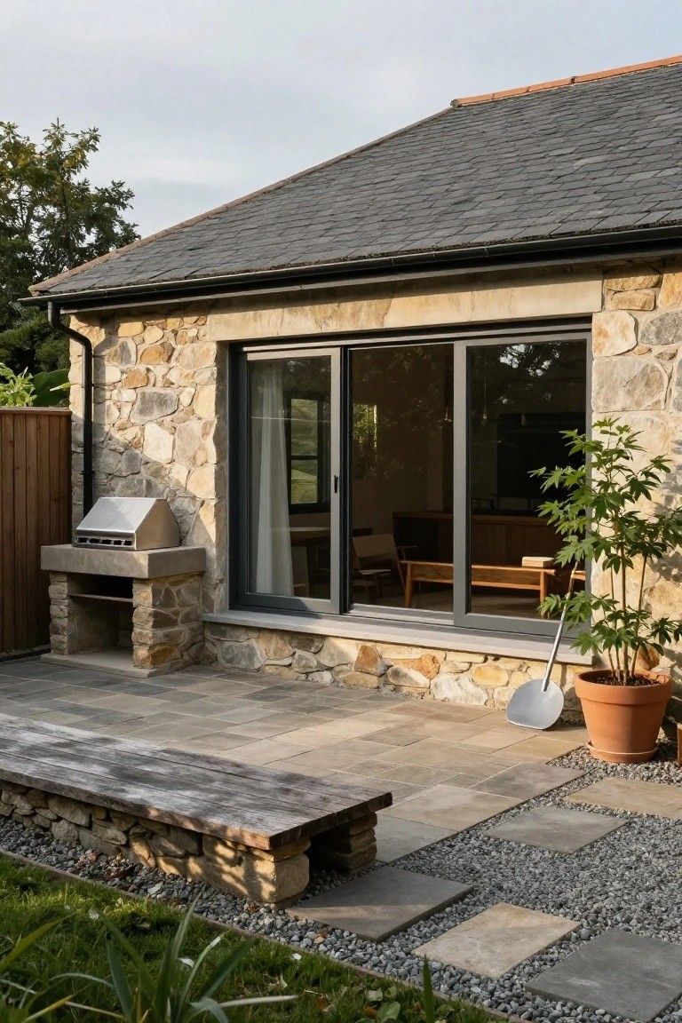 Stone cottage exterior wall with large black-framed sliding glass doors opening to an interior room, adjacent built-in stone barbecue, paver patio, wooden bench on stone base, potted plants, and gravel border with grass.