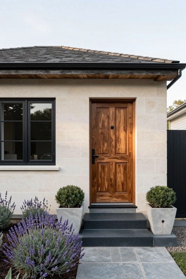 House exterior showing a paneled wooden front door centered in a light stucco wall, flanked by a black-framed window, with potted boxwood plants, lavender bushes, and black steps leading to gray pavers.