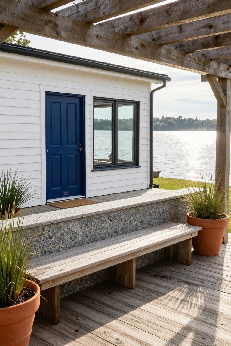 White clapboard cottage exterior featuring a navy blue front door, black-framed window, wooden pergola overhead, built-in bench on deck, potted grasses, and lake view in background