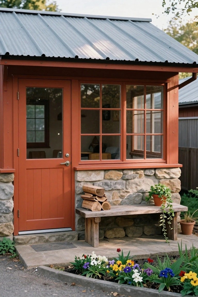 Small cottage exterior featuring a red paneled door with glass panels, adjacent multi-pane windows, corrugated metal roof, fieldstone foundation, firewood stacked on a wooden bench, potted trailing plant, and colorful flower bed along the front path.
