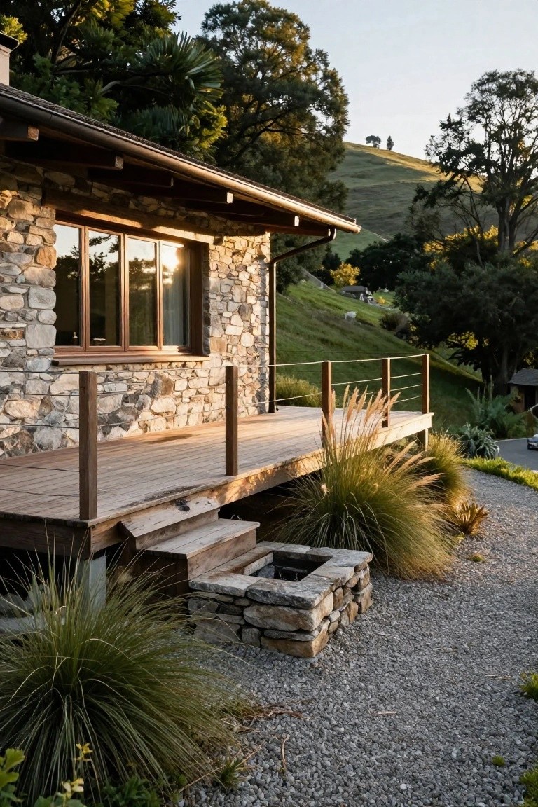 Stone cottage exterior with irregular stacked stone walls, large triple window, wooden deck with cable railing, steps, fire pit base, pampas grass plantings, and gravel ground cover on a grassy hillside at sunset.