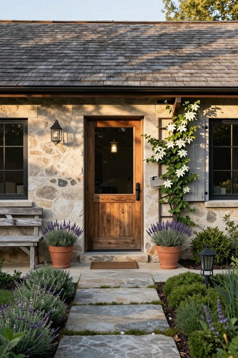 Front facade of a stone cottage featuring a wooden entry door with glass panel, black-framed windows, a trellis with climbing white flowers to the right, large terracotta pots of lavender on either side of the steps, a stone path, lanterns, and low plantings.