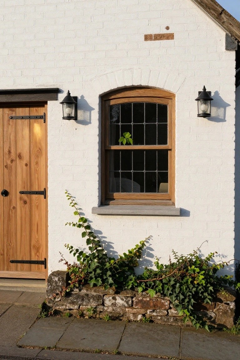 White painted brick wall of a cottage with a vertical wooden double door on the left, arched wooden-framed leaded glass window on the right flanked by black lanterns, ivy plants along a stone base, and slate paving in front.