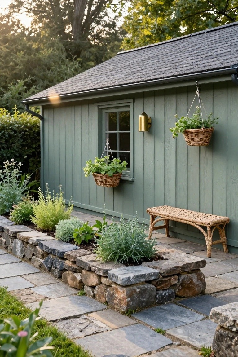 Sage green vertical board-and-batten garden shed with dark sloped roof and single window, hanging basket plants on the wall, adjacent stone raised bed filled with herbs, rattan bench, and slate stone path.