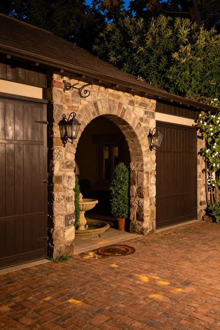 Nighttime view of two dark wooden garage doors flanking a stone arched passageway lit by wrought iron lanterns, with a fountain, boxwood shrubs, and climbing plants on a brick paver driveway.