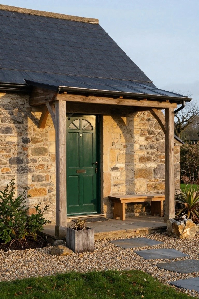Stone cottage with green arched door under wooden porch with timber posts and bench, gravel path, plants, and slate steps in front.
