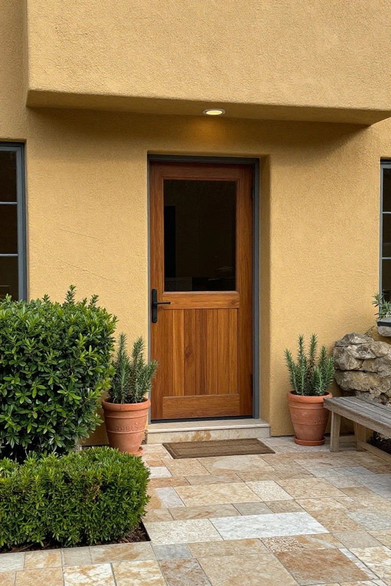 Beige stucco house facade with a dark wooden door featuring a glass panel and black handle, flanked by potted boxwood shrubs, succulents, and a wooden bench on a tiled entry patio.