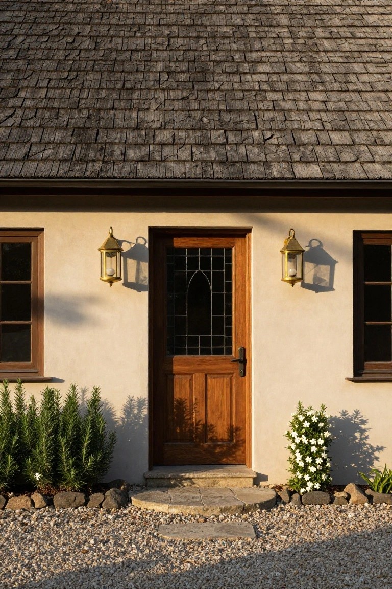 Beige stucco cottage exterior with dark shingle roof, wooden paneled front door featuring black stained glass insert and brass handle, flanked by matching brass lanterns, gravel path, rosemary plants, and white flowers nearby.