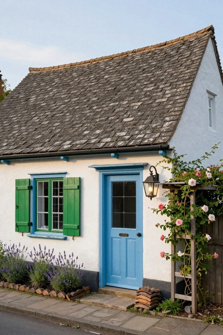 White plaster cottage with steeply pitched slate roof, blue front door, green shutters on the window, lavender plants along the base, rose-covered trellis beside the door, and a lantern light.