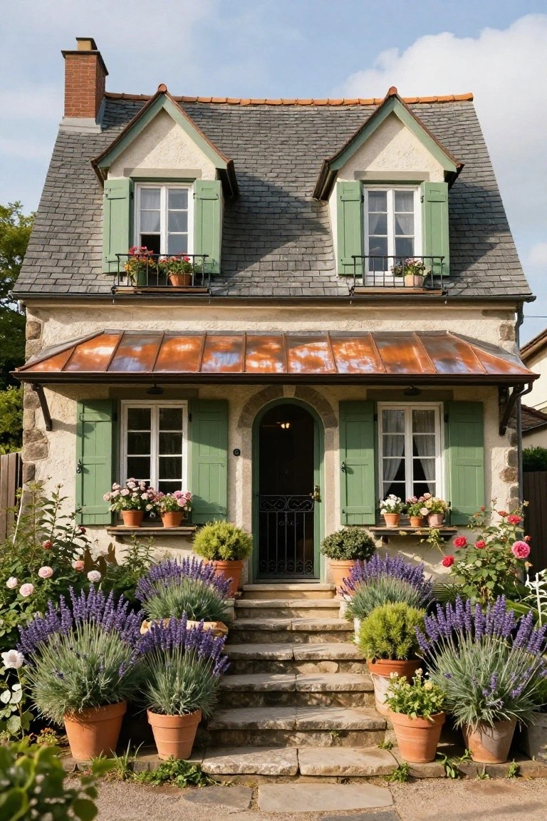 Stone cottage with slate roof, green shutters, copper awning over arched door, and terracotta pots of lavender flanking stone steps to the entrance amid flower beds.