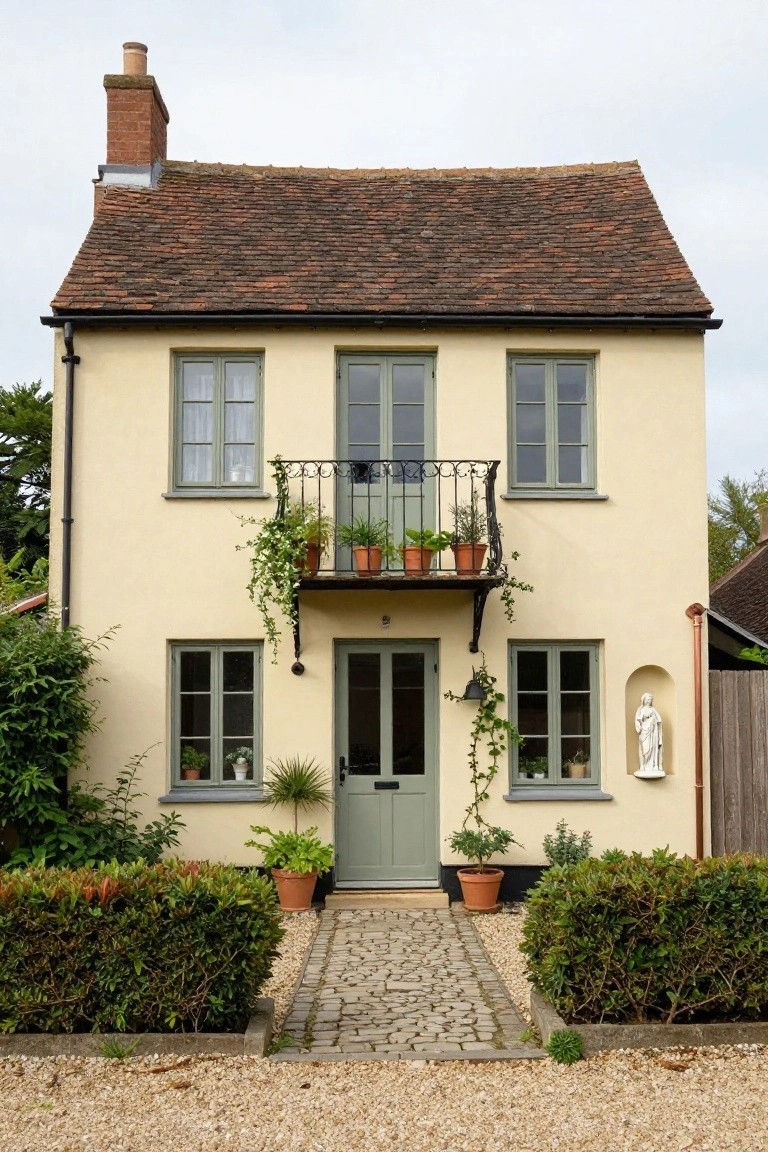 Two-story beige stucco cottage with dark tiled roof, sage green windows and double doors, central wrought-iron balcony overflowing with potted plants and trailing vines, boxwood hedges flanking a stone path to the entrance.