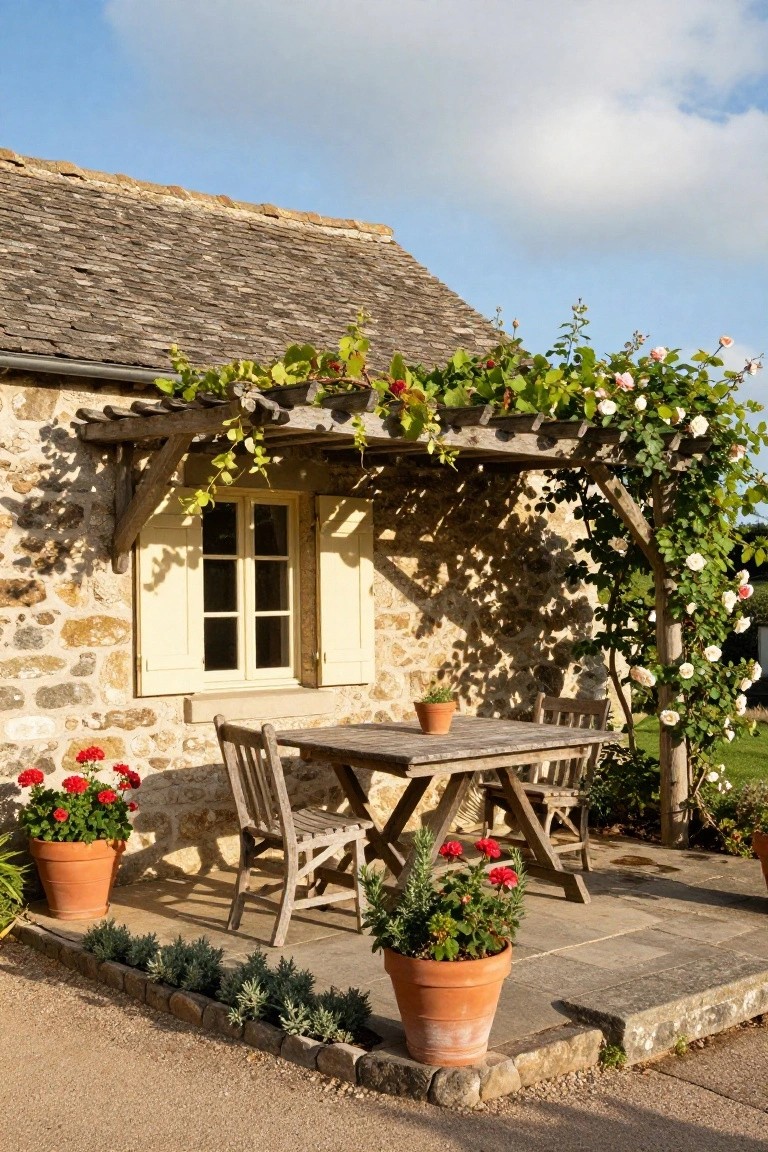 Stone cottage exterior with shuttered window, wooden pergola covered in vines and pink climbing roses, wooden table and chairs on stone patio, potted red geraniums, low edging plants, and gravel path under partly cloudy sky.