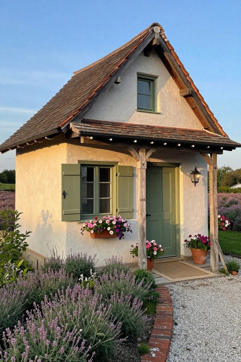 Small beige stucco cottage with green shutters, window boxes, and door under a covered porch with timber posts and lantern, bordered by lavender plants and potted flowers on gravel path.
