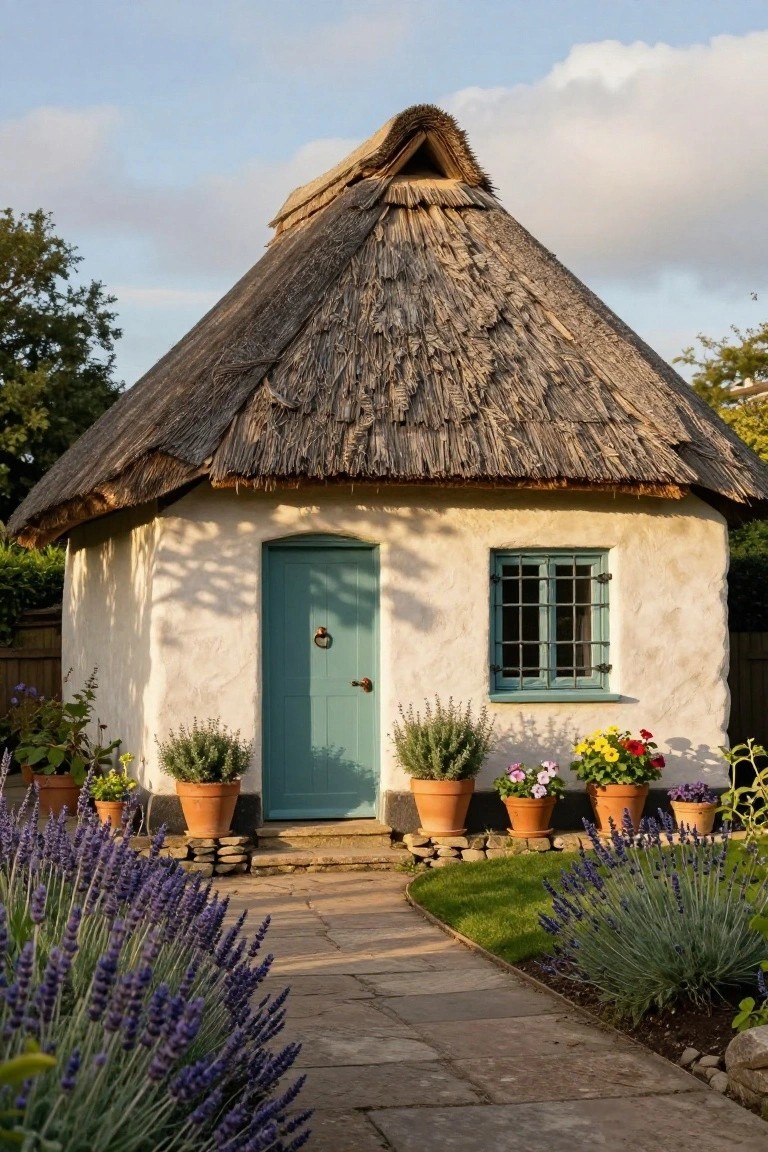 Small round white cob cottage with steeply pitched thatched roof, turquoise door and window, surrounded by potted flowers and lavender plants along a curving stone path.