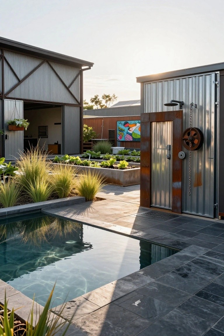 Backyard with small rectangular plunge pool on dark tiled patio, surrounded by ornamental grasses, raised vegetable beds, and two corrugated metal shed buildings, one with open doors and hanging plants, the other with a colorful mural, wheel door handle, and outdoor shower, under golden sunset light.