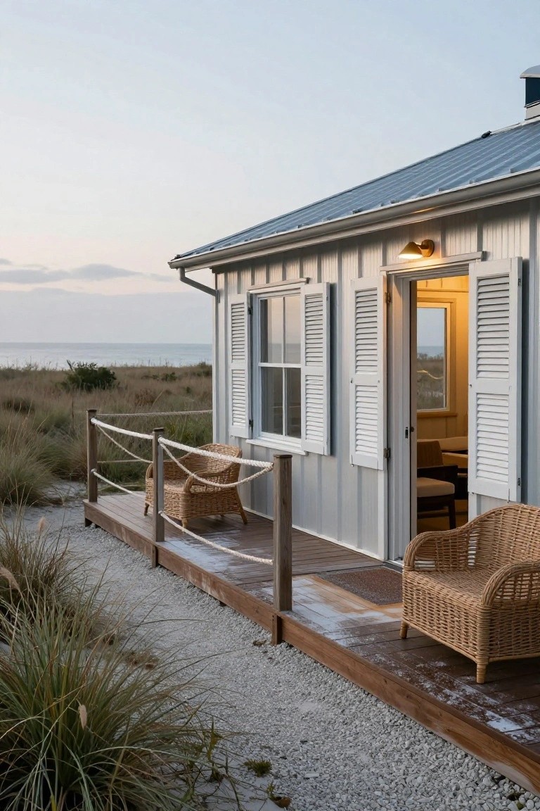 Gray corrugated metal beach house exterior with open door, white shutters, wooden deck porch with two wicker armchairs, rope balustrade, dune grass, gravel path, and ocean view at dusk.