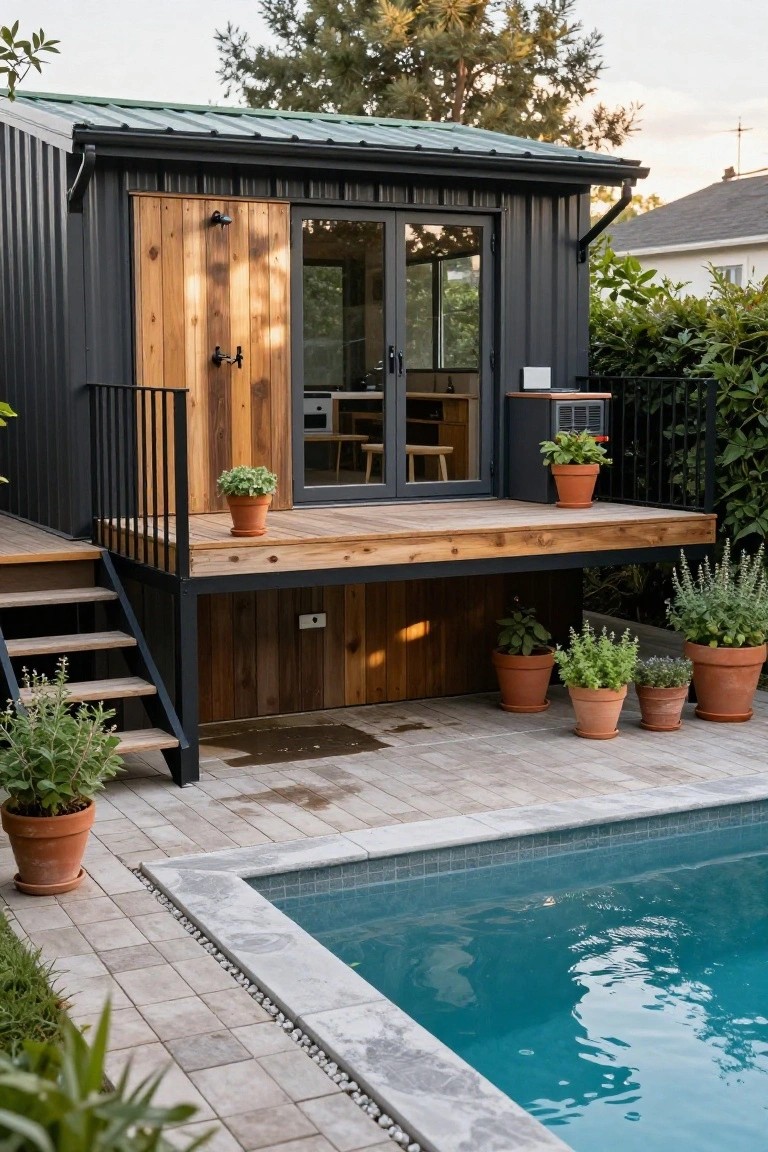 Black corrugated metal building with wooden double doors, glass panels, elevated wooden deck with black railings and potted plants, positioned beside a rectangular swimming pool on a paved patio surrounded by greenery.