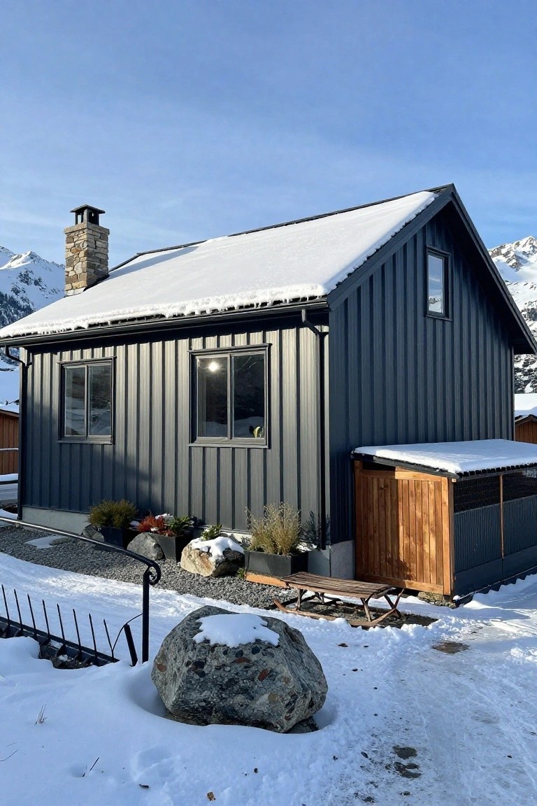 Dark gray corrugated metal-clad cabin with snow-covered gabled roof, stone chimney, double windows on side, wooden shed addition, rocks and plants in snowy yard against mountains under blue sky.