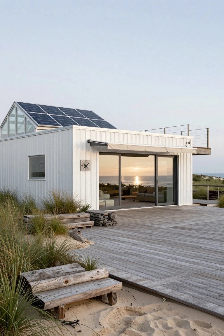 White corrugated metal house with solar panels on sloped glass roof, large sliding glass doors opening to wooden deck, surrounded by beach grass and sand dunes at sunset overlooking ocean.