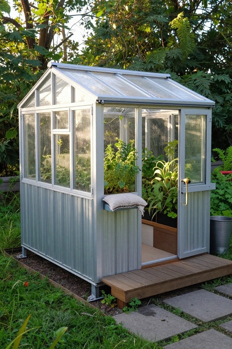 Small silver corrugated metal greenhouse with glass roof and panels, containing potted plants and herbs, open door with gold handle, wooden entry step, metal bucket nearby, surrounded by green garden plants and trees on a lawn with stone pavers.