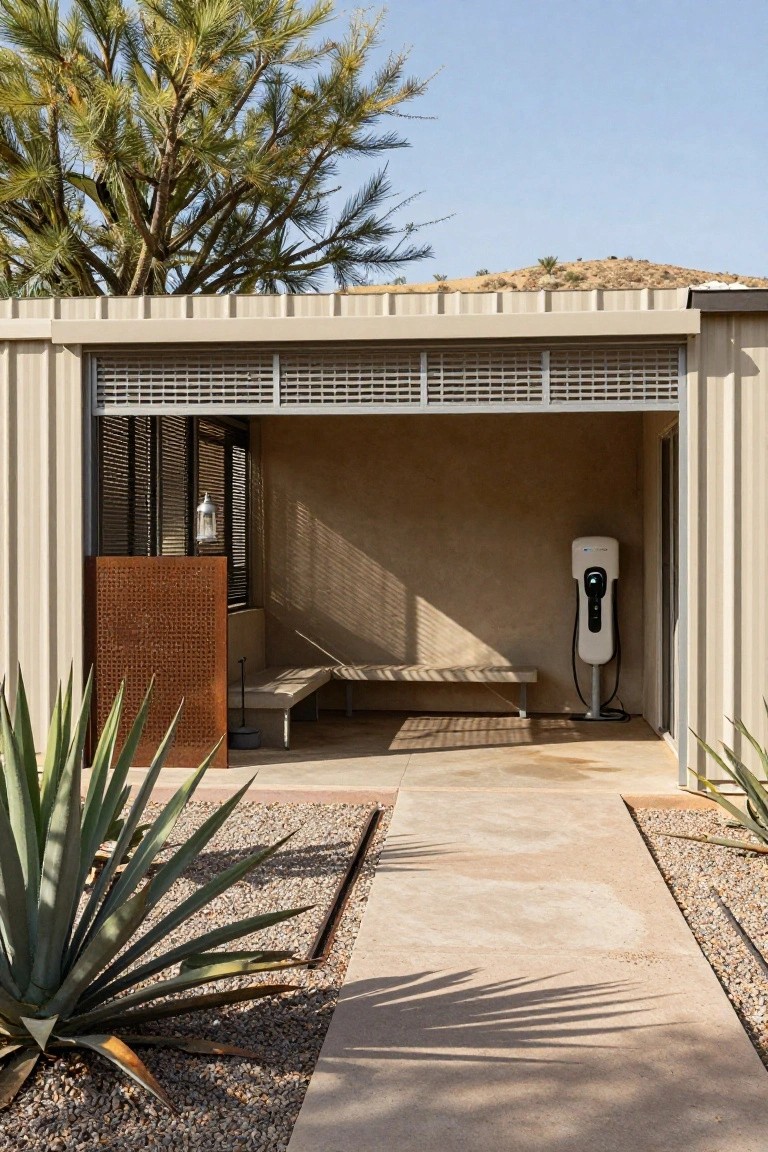 Open-sided beige metal carport structure with slatted louvers, corten steel screen panel, built-in bench, white EV charging station, agave plants, gravel pathway, pine trees, and desert hillside in the background.