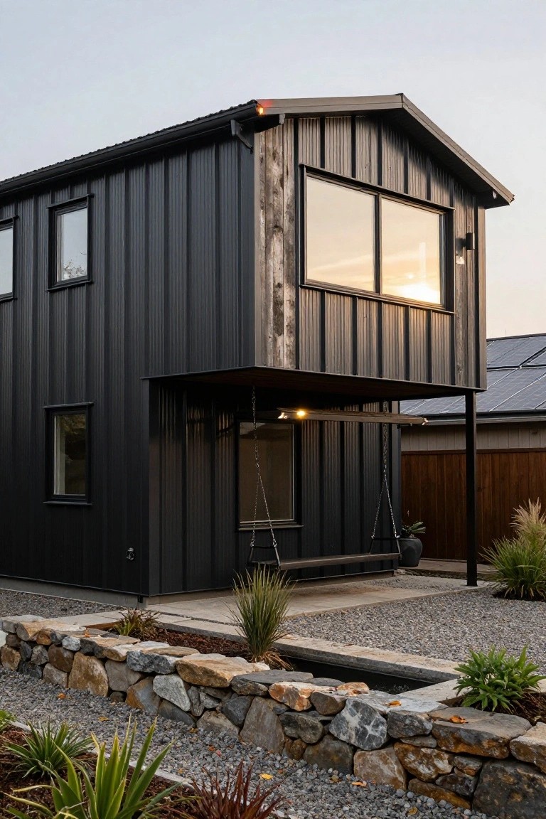 Side exterior view of a two-story house clad in black corrugated metal siding with wood-framed windows, a cantilevered roof overhang with hanging swing, adjacent solar panels, and gravel yard edged by stone walls and drought-tolerant plants.