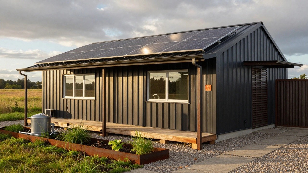 Exterior of a dark gray corrugated metal building home with black solar panels on the sloped roof, a small wooden porch entry with rusted metal railing, glass door and windows, air conditioner unit, silver cylindrical water tank, and surrounding gravel path and ornamental grasses near farm fields.