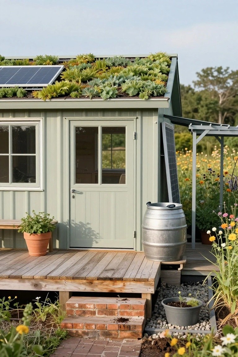 Small sage green garden shed with a sloped living roof planted with succulents and a solar panel, wooden deck and steps in front, metal rain barrel on the deck, surrounded by potted plants and garden flowers.