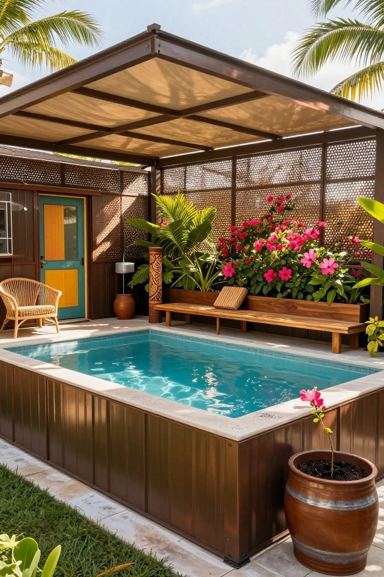 Small rectangular turquoise plunge pool with bronze metal walls under a fabric-shaded metal pergola, next to a wooden bench, tropical plants, and a small building with turquoise and yellow door in a backyard.