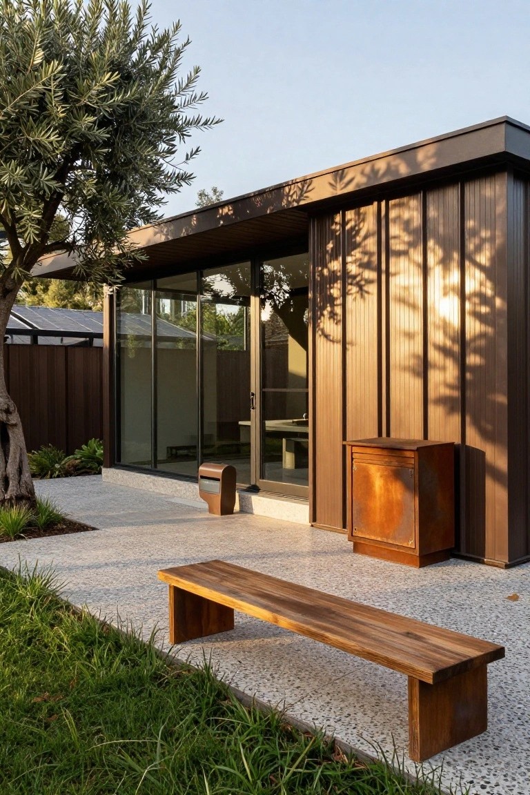 Modern rectangular backyard building with dark vertical ribbed metal siding, large glass sliding doors, wooden bench on pebble patio beside an olive tree and plants.