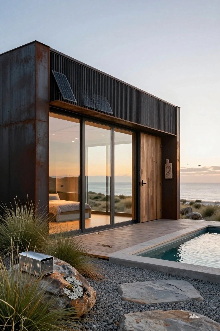 Rectangular modern cabin with rusted metal siding, black louvers, solar panels, large sliding glass doors, wooden entry door, adjacent infinity-edge pool on wooden deck, gravel paths, beach grasses, rocks, and ocean view at sunset.