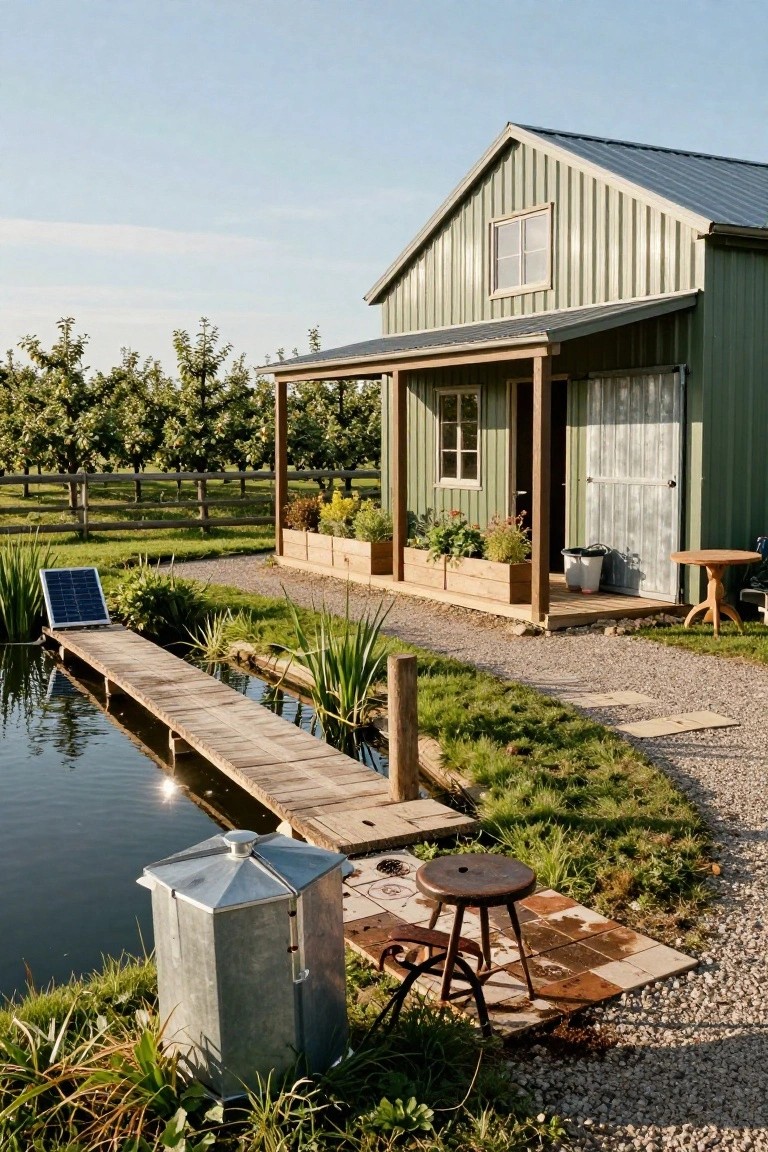 Green corrugated metal gabled house with porch and large door, overlooking a wooden dock on a small pond, surrounded by plants, gravel path, and apple orchard.