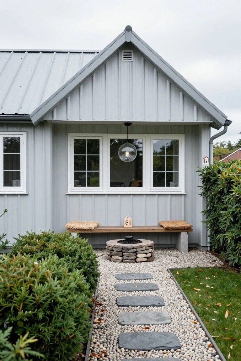 Gray metal-clad gable-front house exterior featuring vertical siding, large central triple window with hanging globe light, wooden bench with cushions, circular stone fire pit, stepping stone path through gravel garden edged by shrubs.
