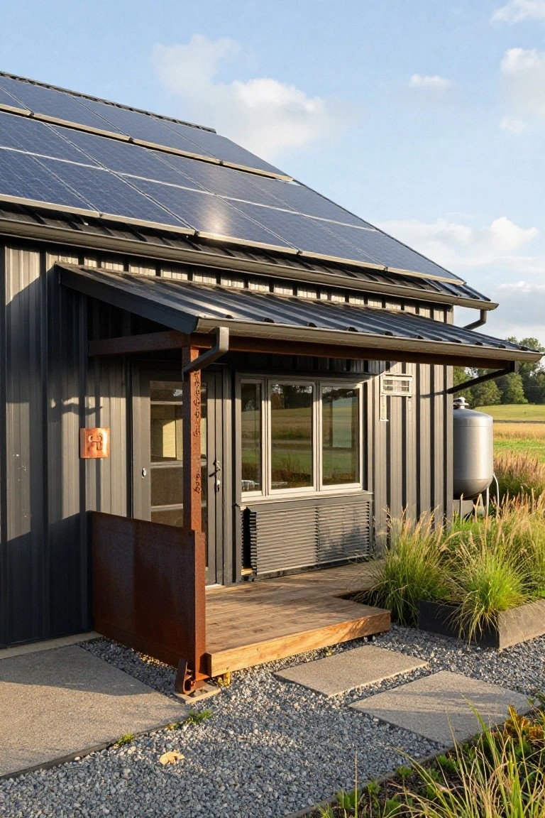 Exterior of a dark gray corrugated metal building home with black solar panels on the sloped roof, a small wooden porch entry with rusted metal railing, glass door and windows, air conditioner unit, silver cylindrical water tank, and surrounding gravel path and ornamental grasses near farm fields.