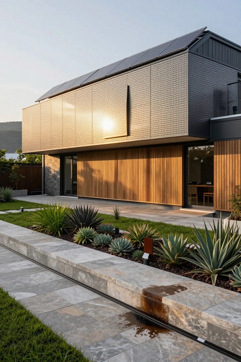 Modern house exterior featuring solar panels on a sloped metal roof, golden perforated metal cladding on the upper walls, horizontal wood siding on the lower section, a glass entry door, stone pathway, and agave plants in raised garden beds along a stone retaining wall.