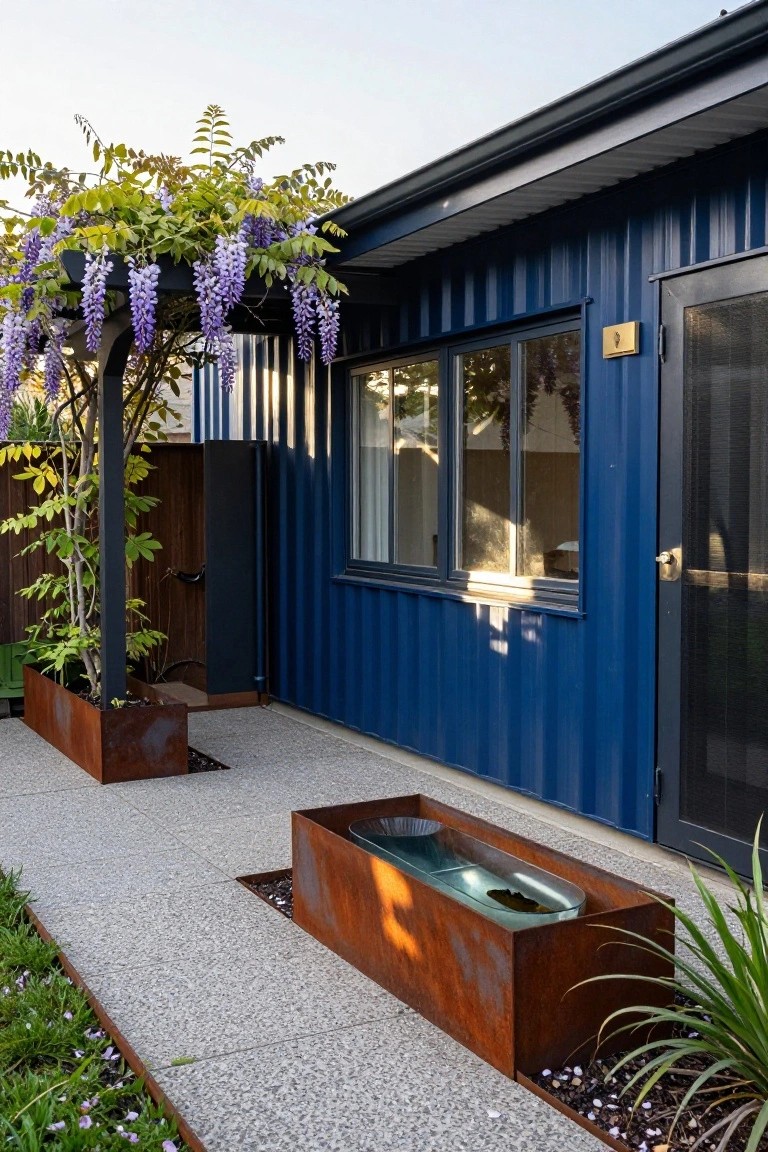 Blue corrugated metal house exterior with a black pergola covered in purple wisteria flowers arching over a gravel pathway to the screened entry door, flanked by tall plants in corten steel planters and a rectangular water trough planter.