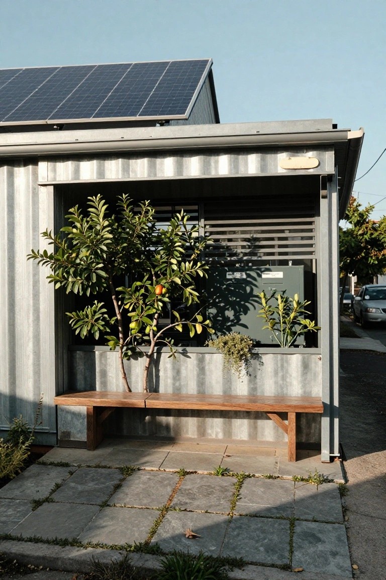 Corrugated metal building exterior with solar panels on the roof, wooden bench against the wall, potted citrus tree with oranges, small plants near a slatted window, and concrete pavers in front.