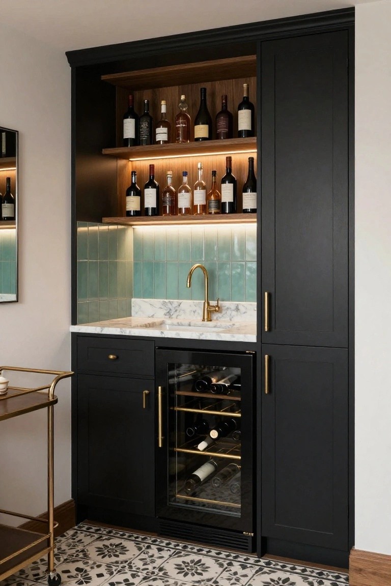 Black cabinetry wet bar with marble countertop, gold faucet and handles, backlit wood shelves holding wine bottles, integrated wine fridge, mirror, and gold bar cart on black and white patterned tile floor.