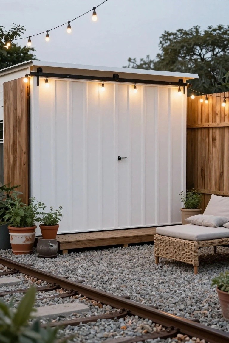 White metal garden shed with vertical siding and black sliding barn door on track, surrounded by string lights, potted plants, wooden fence, gravel ground, lounge chair on deck, and railroad tie borders in backyard.