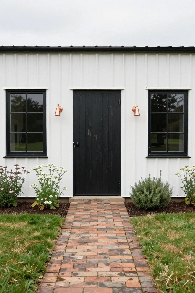 White corrugated metal building facade with central black wood door, black-framed six-pane windows, copper wall lanterns, flanked by white flowering plants and lavender, brick pathway, and grass lawn.