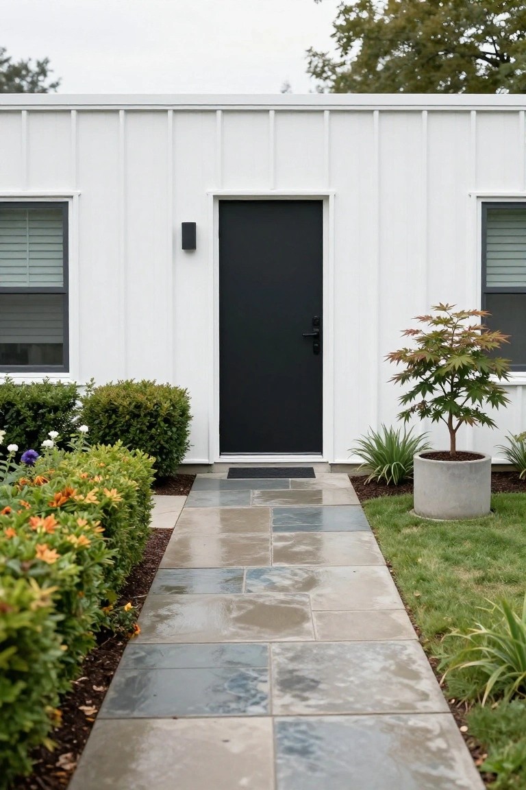 White paneled metal building exterior with centered black front door between two shuttered windows, small shrubs and potted Japanese maple nearby, and wet slate stone pathway leading to entry.