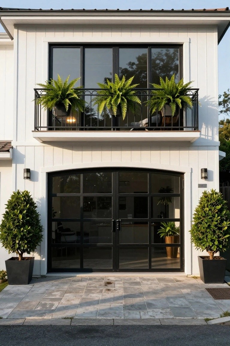 Two-story white board-and-batten house with black metal-framed glass garage doors as entry, flanked by potted boxwood shrubs, upper balcony with hanging fern plants, and gray pebble paving in front.