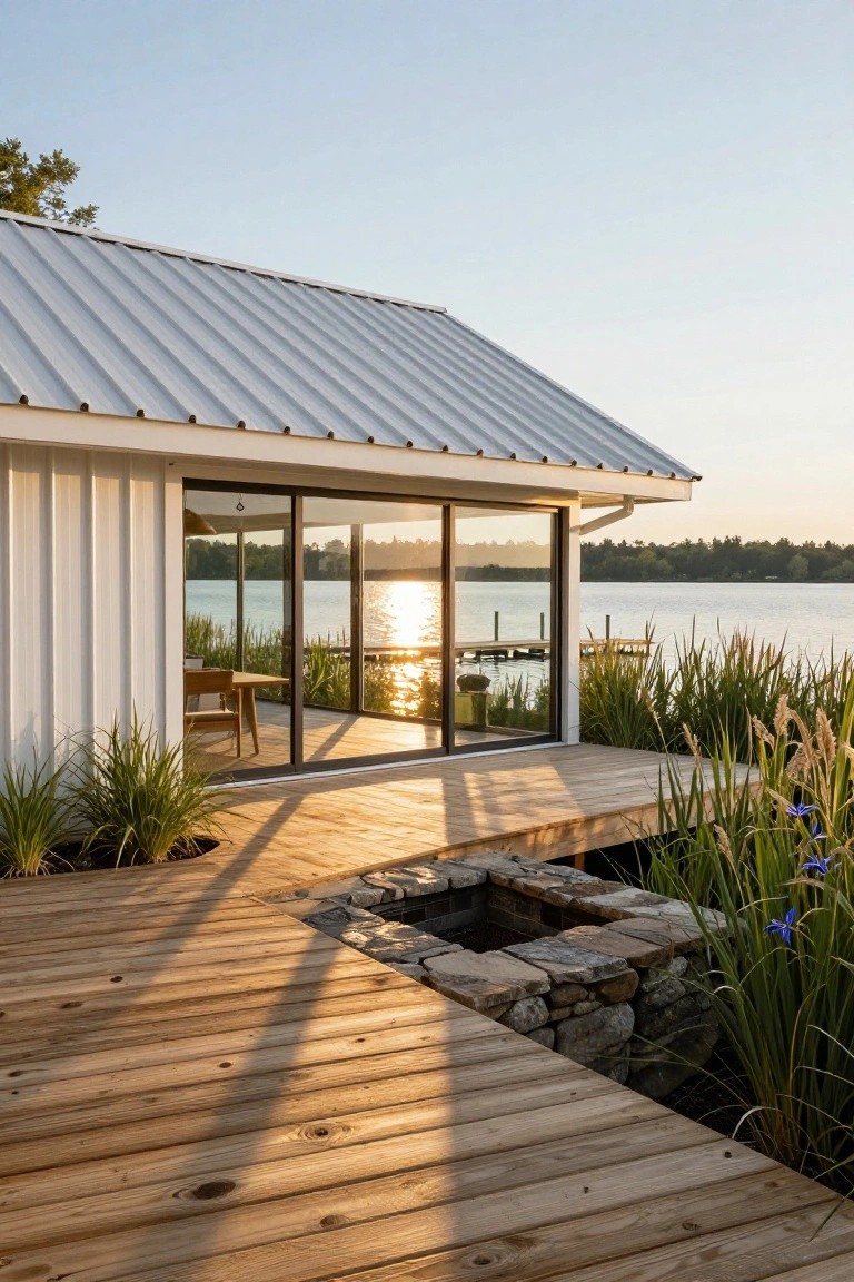 Side exterior view of a white-sided building with sloped metal roof and large sliding glass doors opening to a wooden deck by a lake, surrounded by tall grasses, plants in pots, and a stone-lined planter box at sunset.