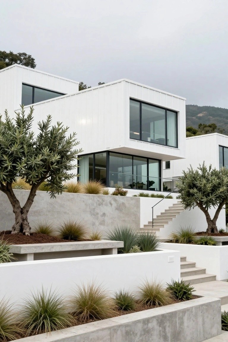 Modern white metal-clad house with stacked rectangular volumes, large glass windows, concrete retaining walls, olive trees, and grasses on a hillside.