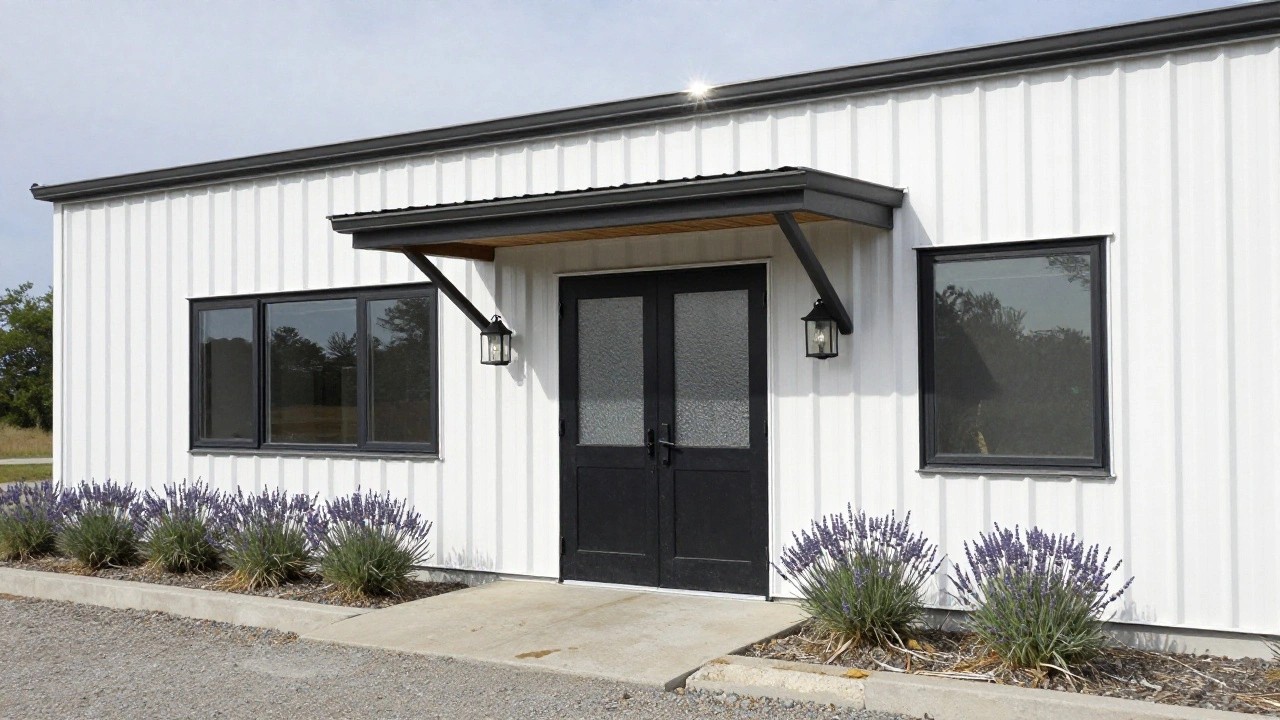 White metal building exterior featuring a black frosted glass front door under a small gray awning, with black-framed windows on either side, lavender plants and lanterns flanking the concrete stoop, and a gravel path in front.