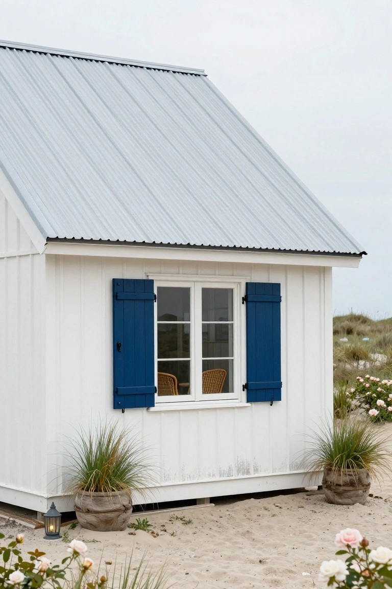 Small white wooden cabin with gray corrugated metal roof, navy blue shutters open on a double window revealing wicker chairs inside, positioned on sandy ground amid dune grass and potted plants.