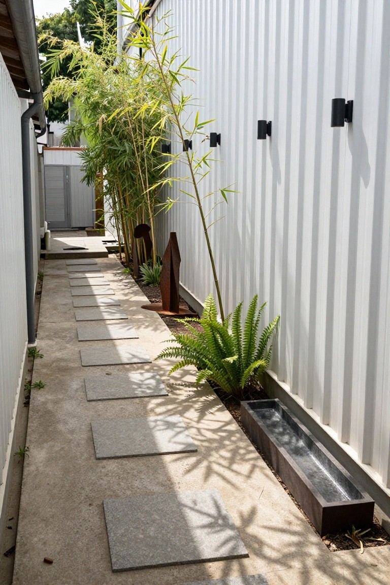 Narrow outdoor pathway with gray stepping stones along a white corrugated metal wall, flanked by bamboo plants, a metal sculpture, ferns in a trough planter, and black wall-mounted lights.