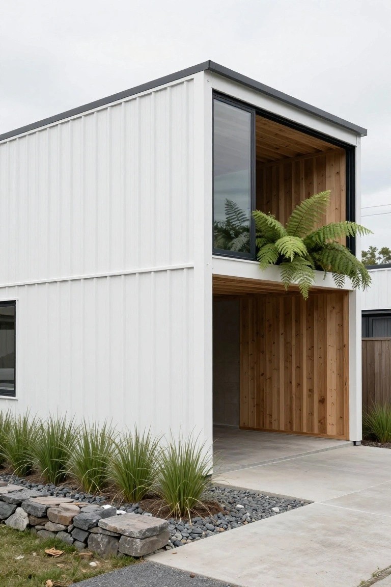 Side view of a modern two-story house with white corrugated metal siding, a deep recessed entry clad in vertical cedar boards, a large upper glass window with a potted fern, low grasses, rock walls, and a concrete driveway.